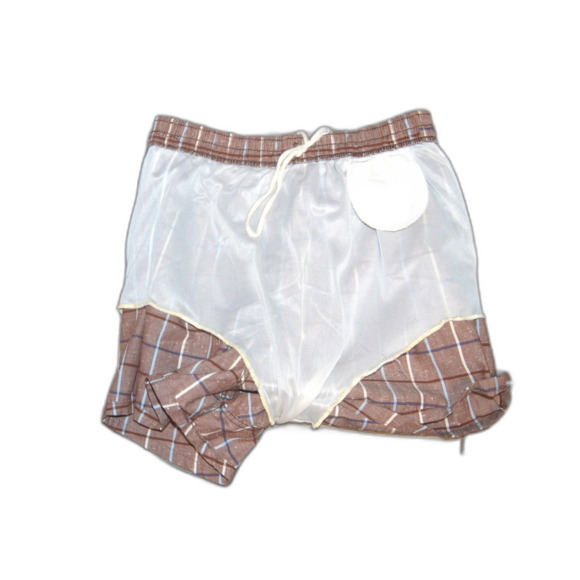 Vintage MCM 50s Square Cut Plaid Lined Drawstring Swim Bathing Suit - Picture 4 of 5